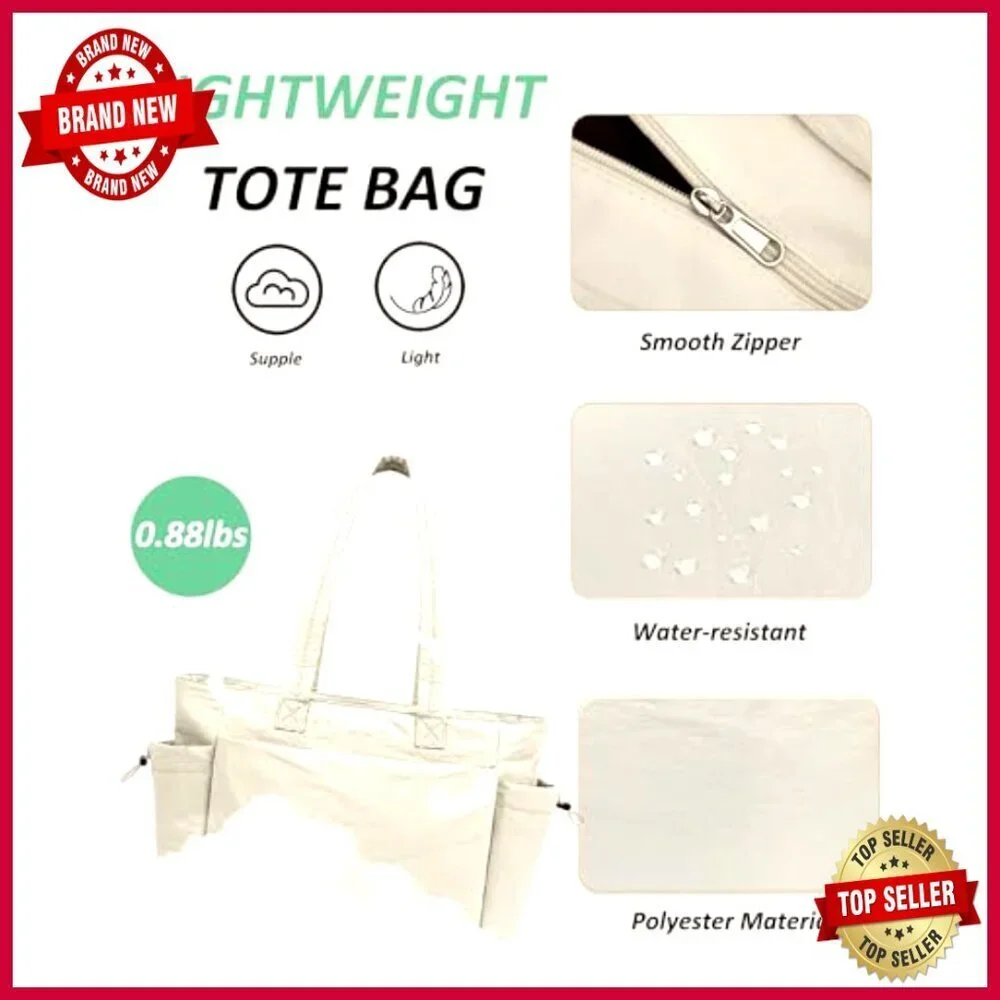 Large Puffer Tote Bag with Zipper, 8 Pockets, Lightweight Work Travel Bag
